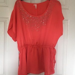 Coral colored dressy shirt with rhinestones